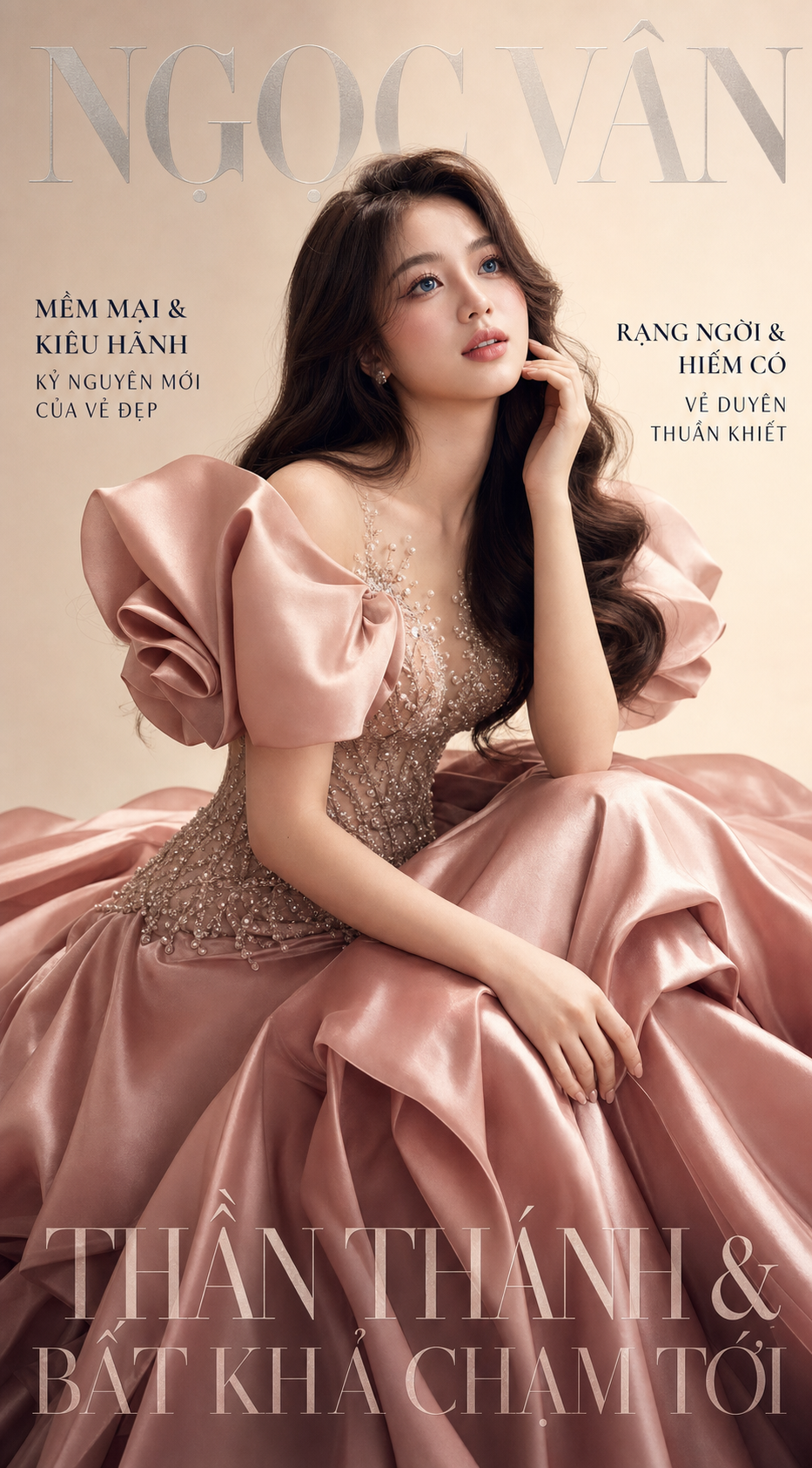 Bìa tạp chí thời trang với váy hồng satin sang trọng