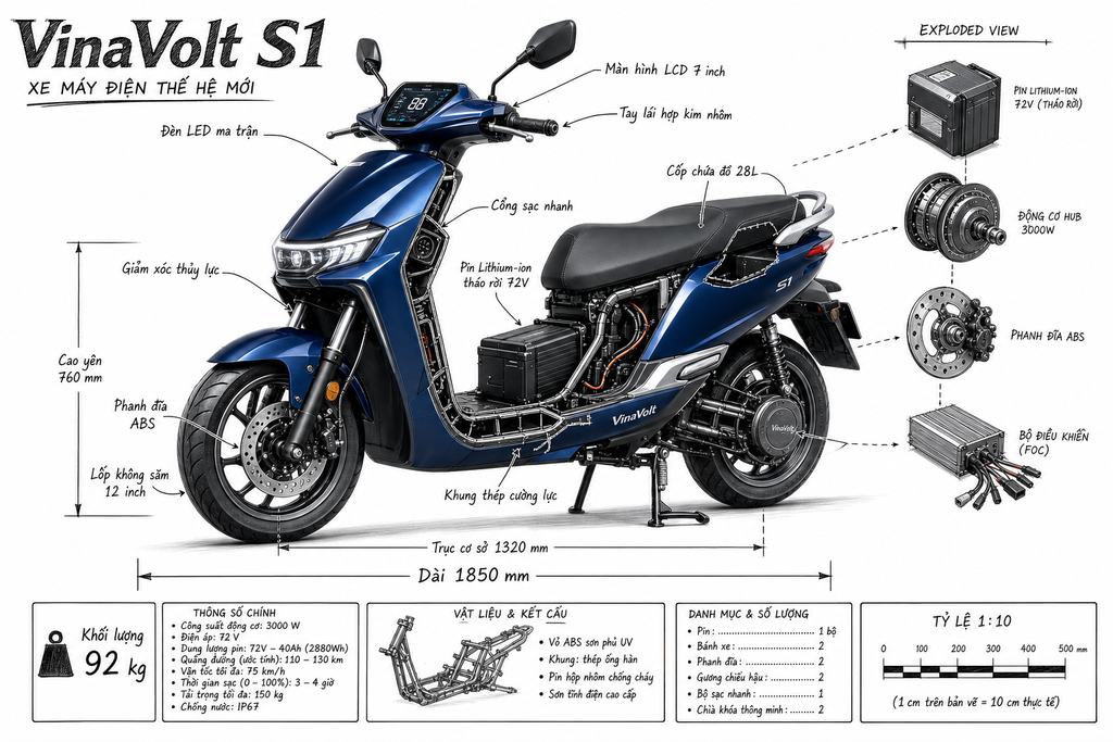 Infographic kỹ thuật xe máy điện VinaVolt S1