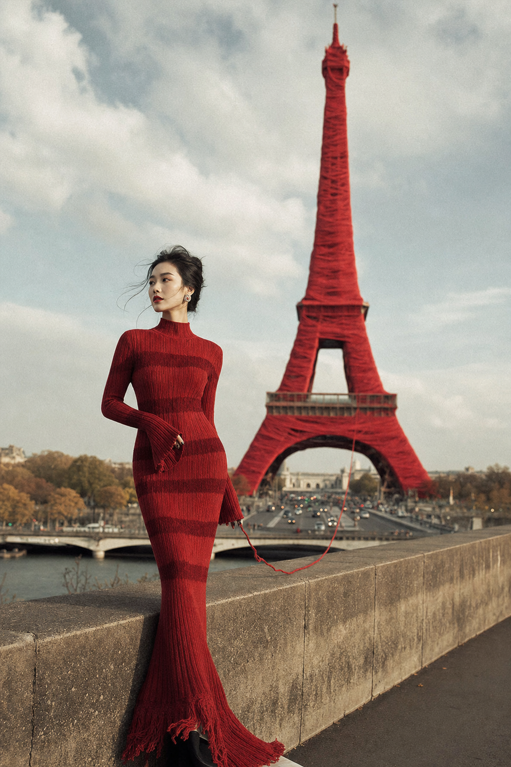 Tháp Eiffel phủ len đỏ và người mẫu Việt thanh lịch