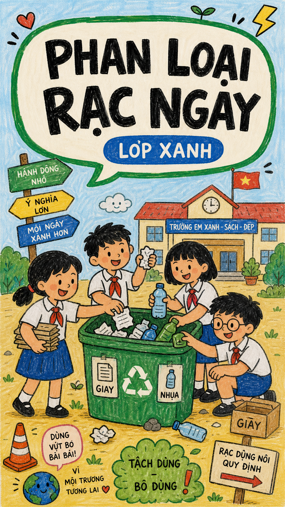 Phân loại rác ở trường qua poster marker vui nhộn
