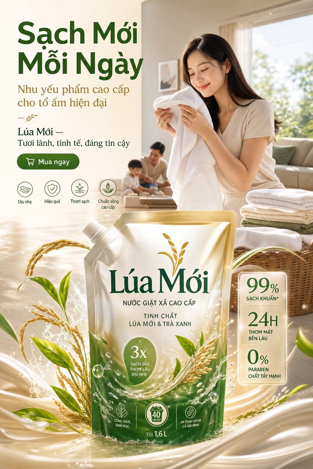 Nước giặt xả Lúa Mới trong poster gia đình hiện đại