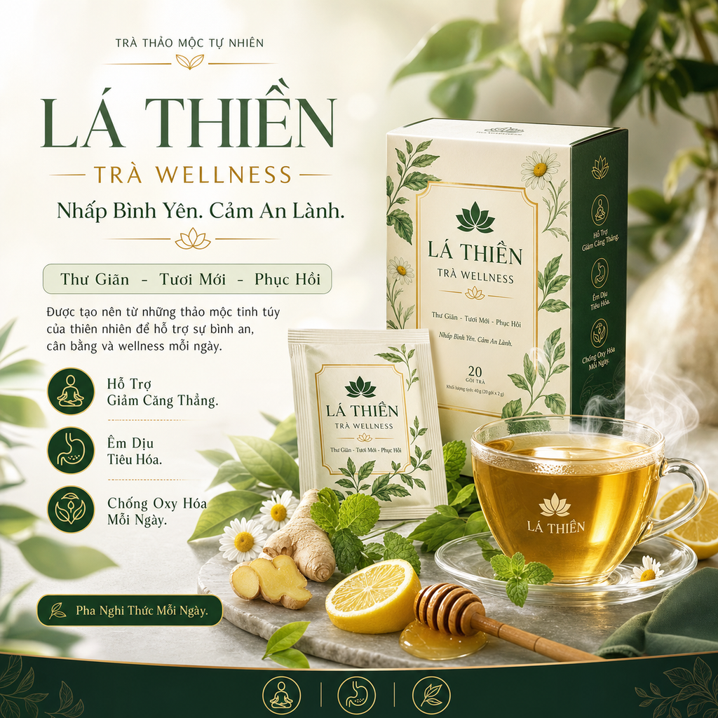 Trà wellness LÁ THIỀN trong poster thảo mộc cao cấp