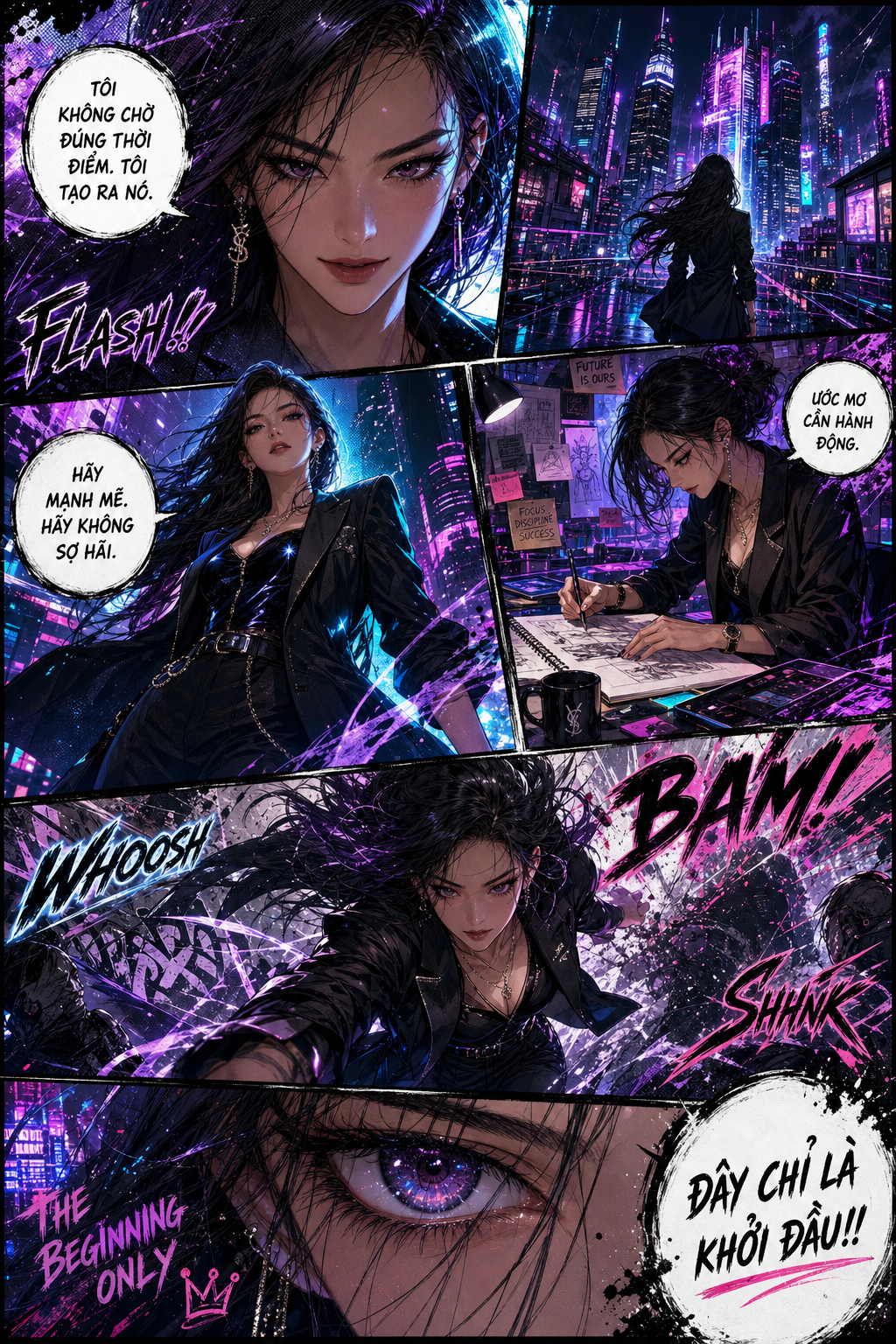 Manga nữ cyberpunk trong thành phố neon tím xanh