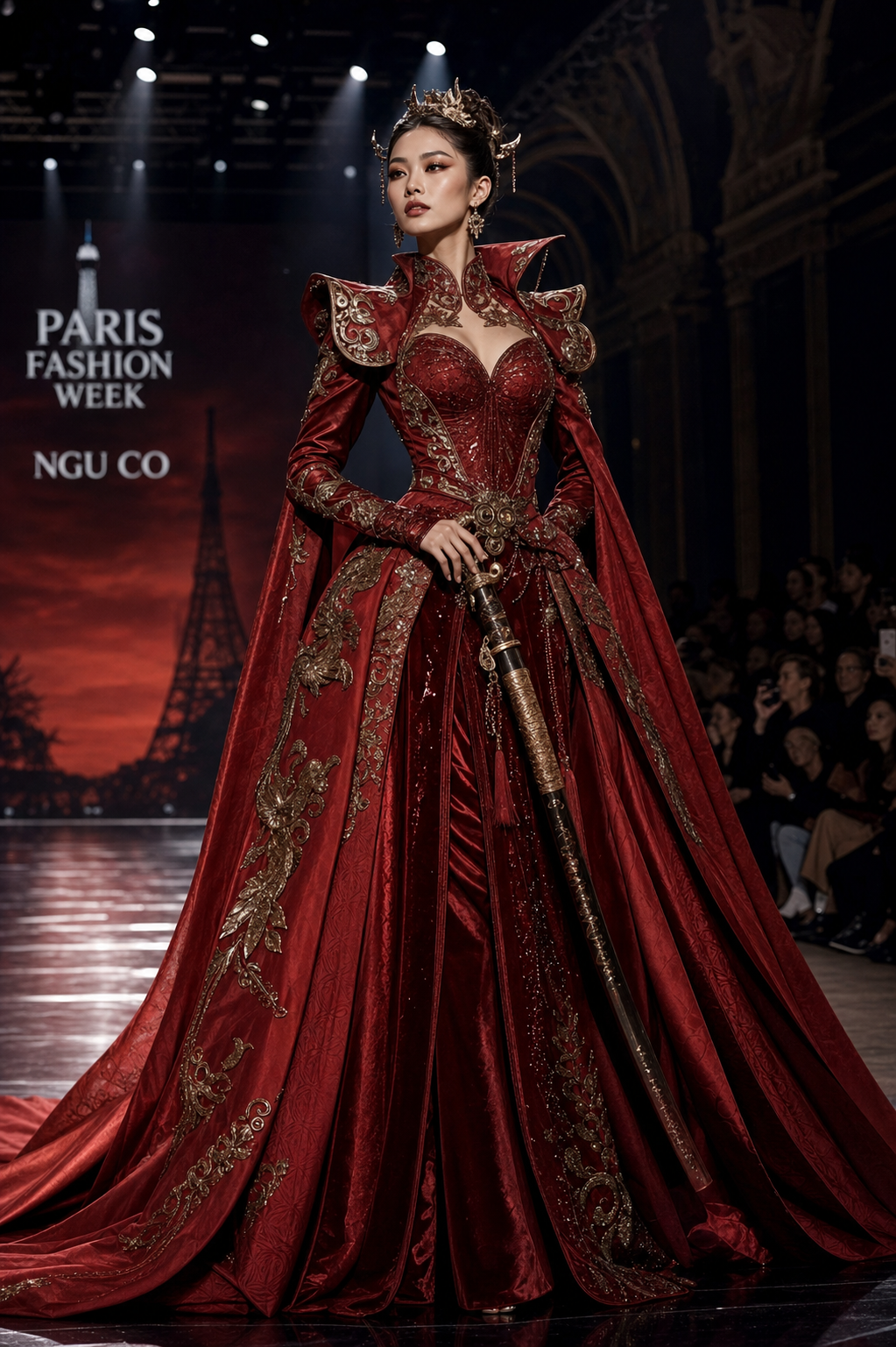 Ngư Cơ váy đỏ haute couture trên sàn diễn Paris