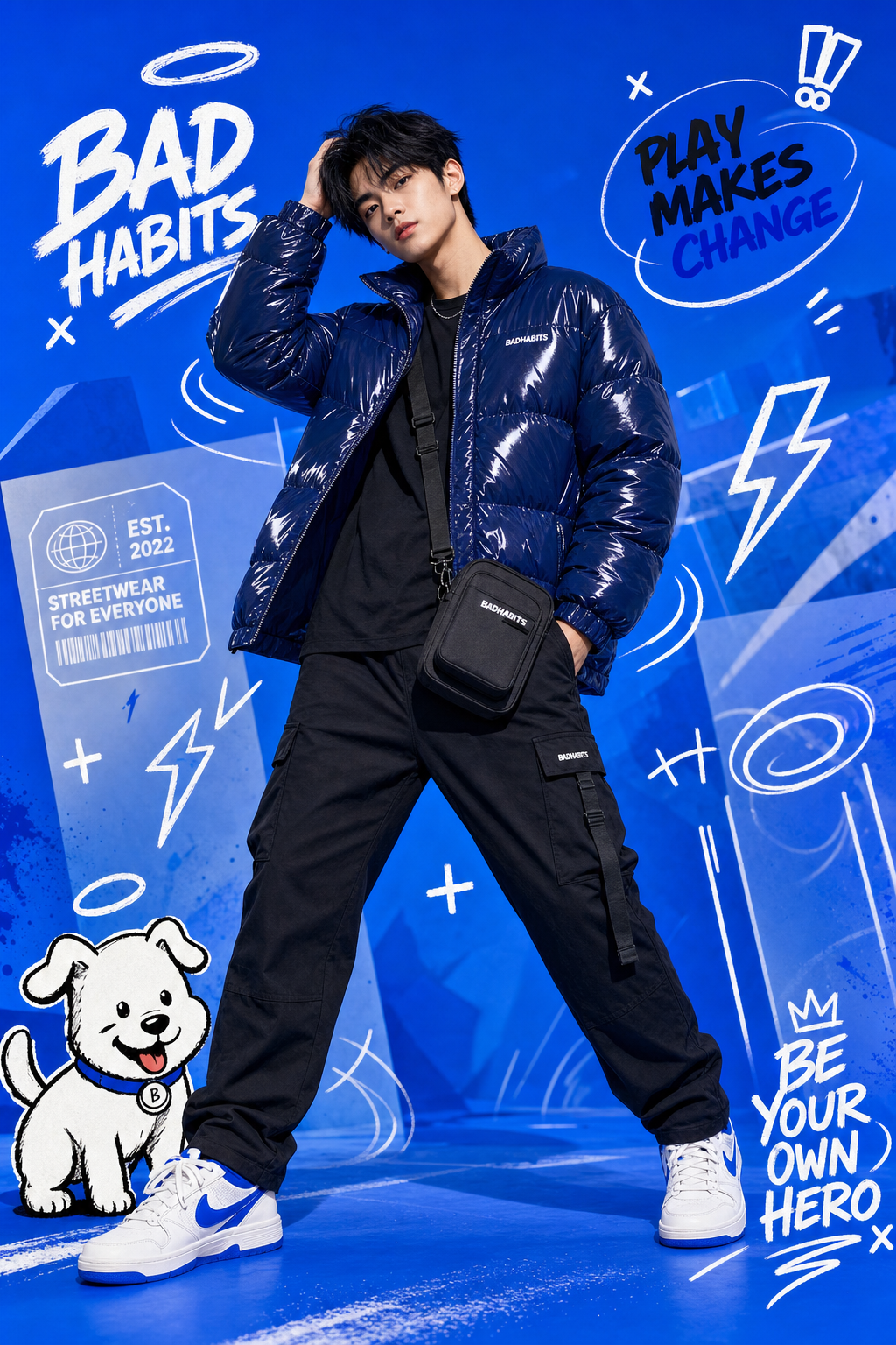 Editorial streetwear nền xanh điện