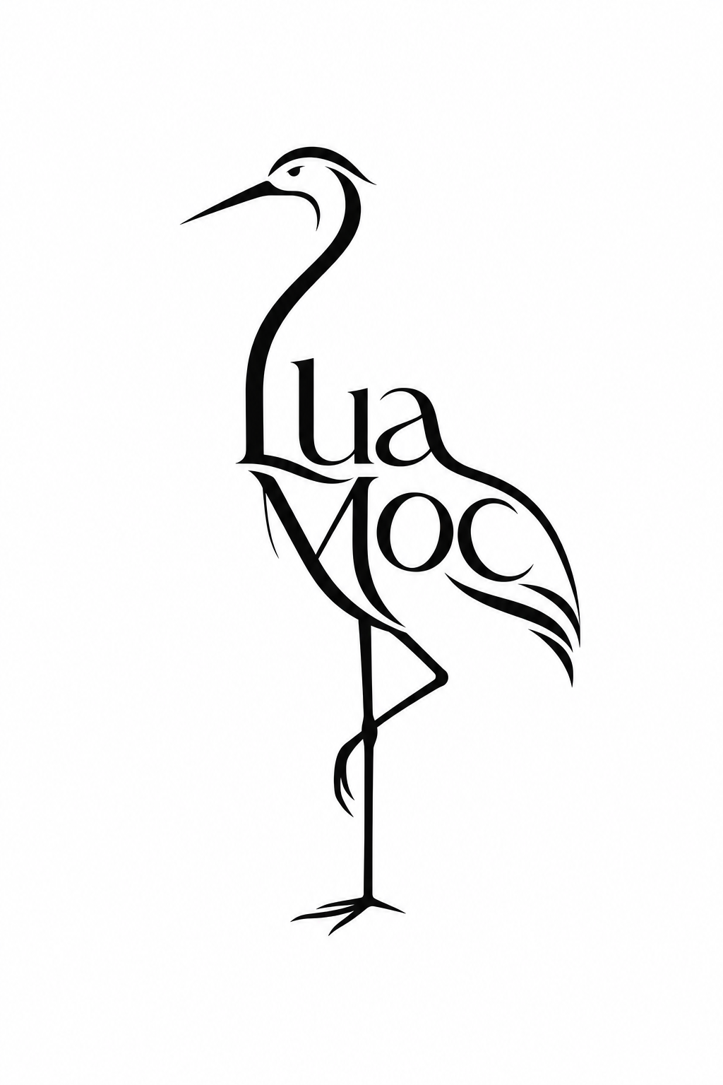 Logo con hạc Lua Moc kiểu typography tối giản