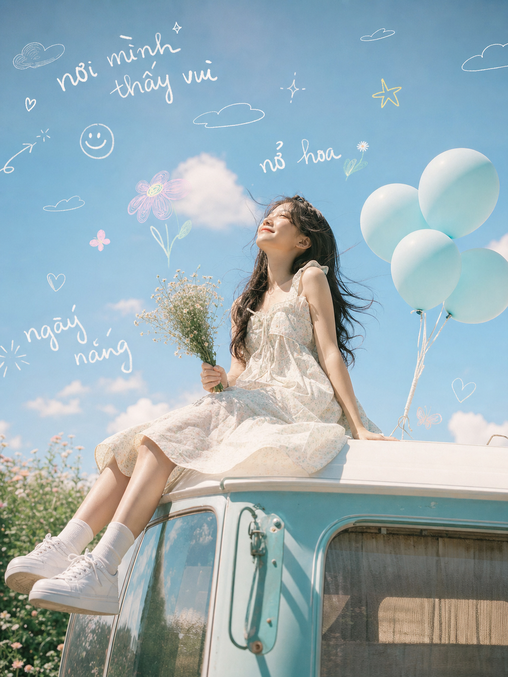 Cô gái trên nóc van xanh giữa trời pastel mộng mơ