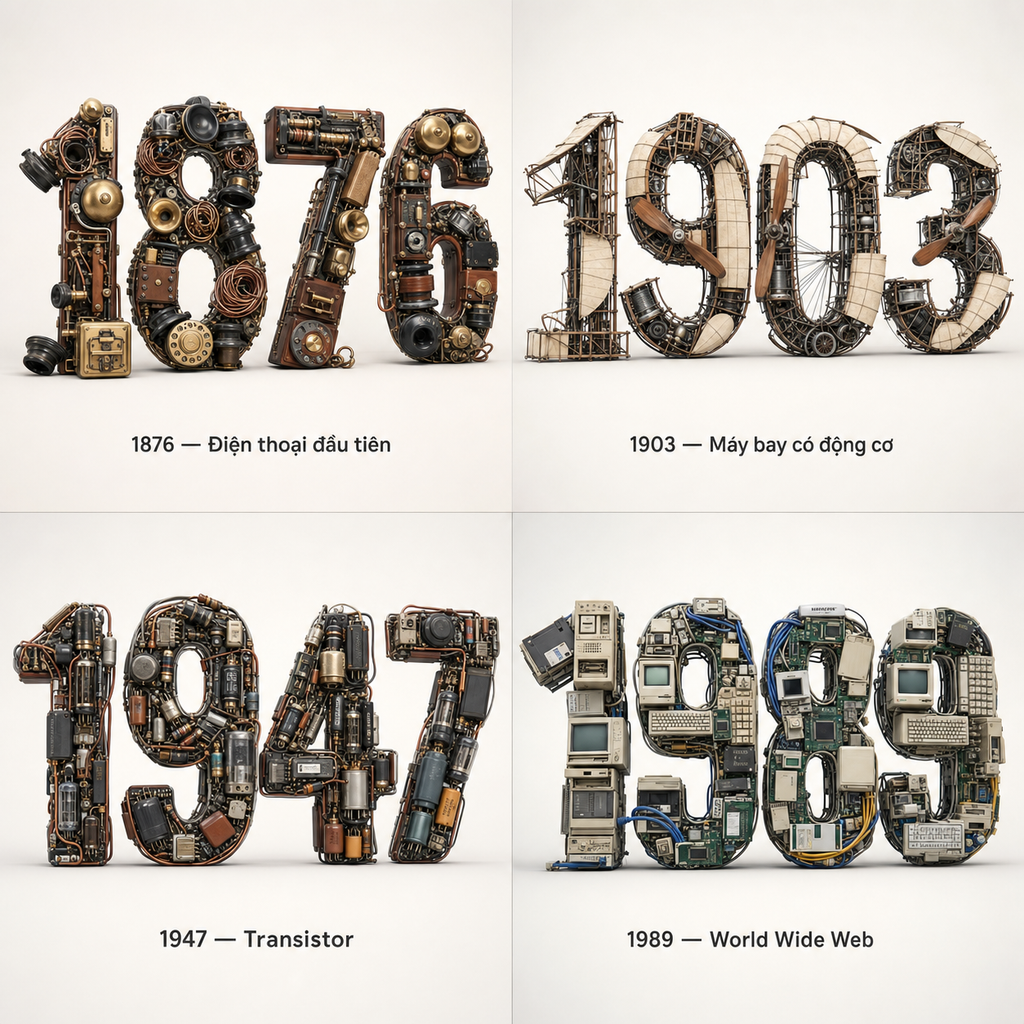Lưới typography 3D về các phát minh lịch sử