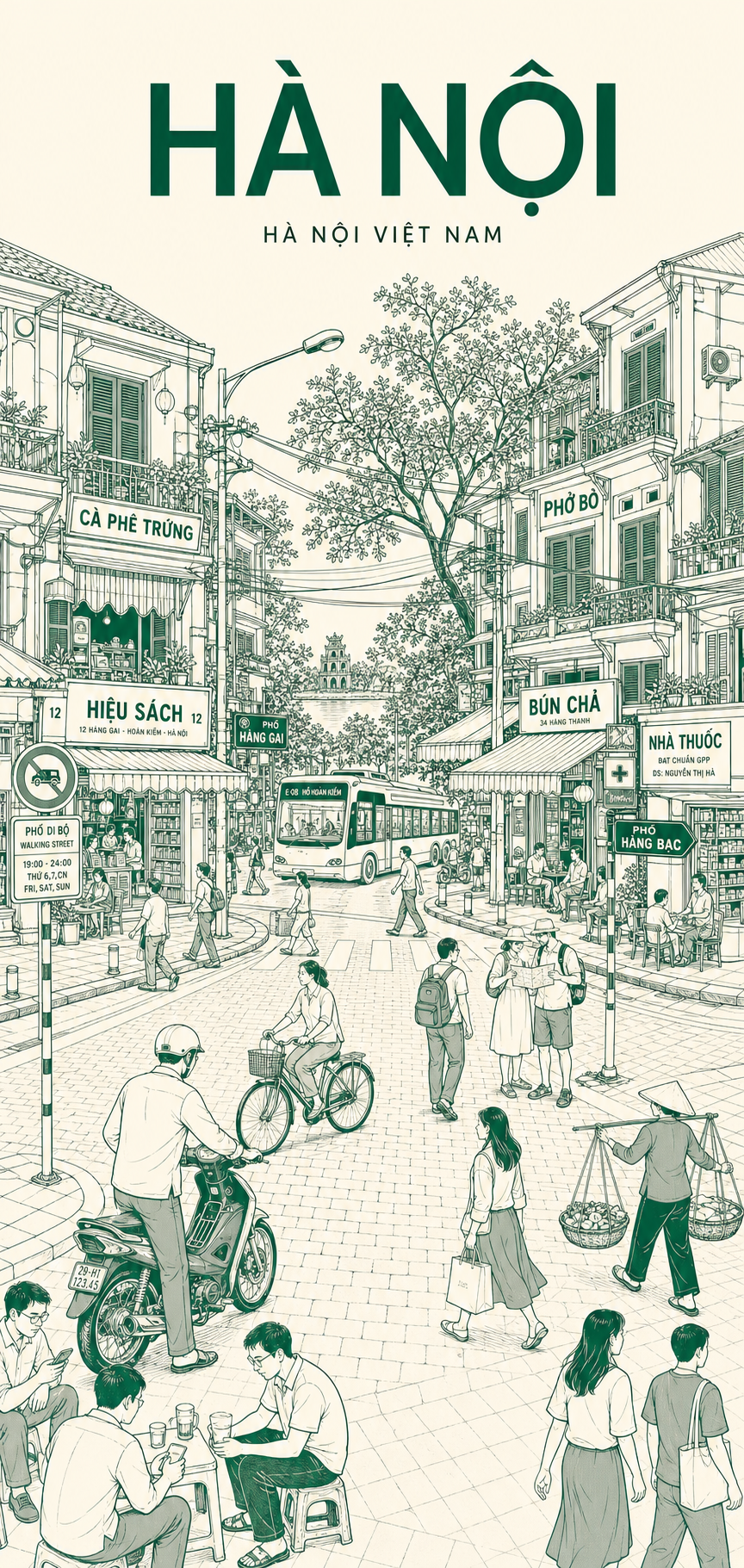 Poster line-art tối giản về Hà Nội