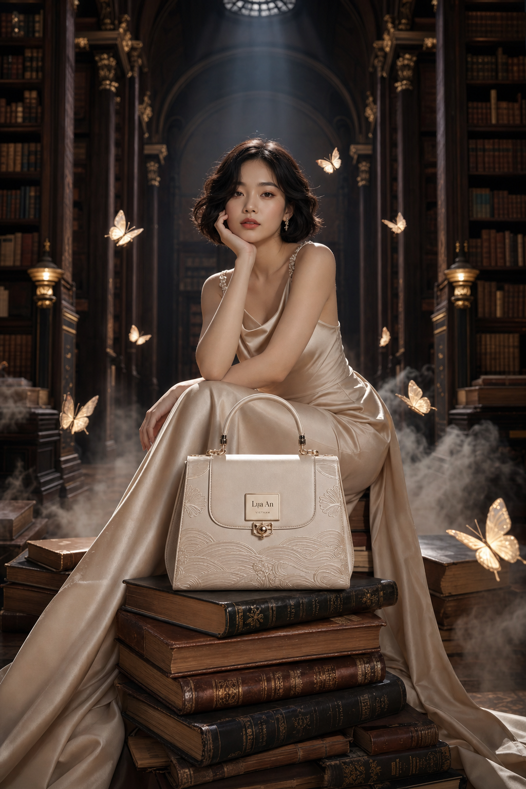 Editorial thời trang trong thư viện cổ điển