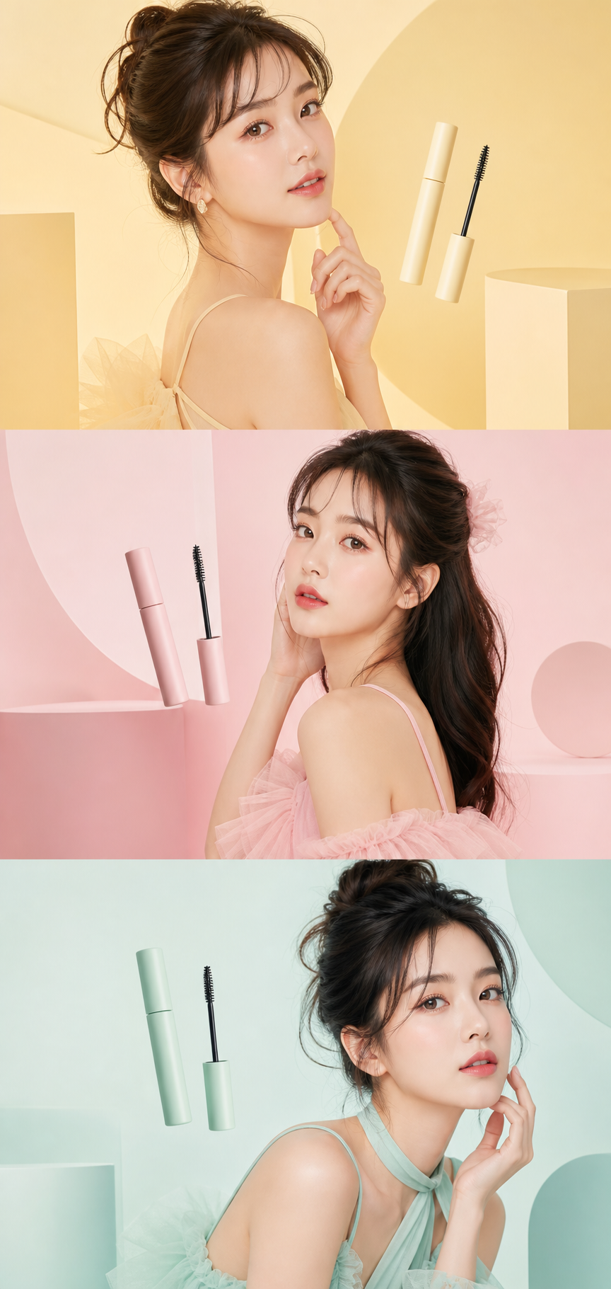 Quảng cáo mascara pastel với chân dung người mẫu Á