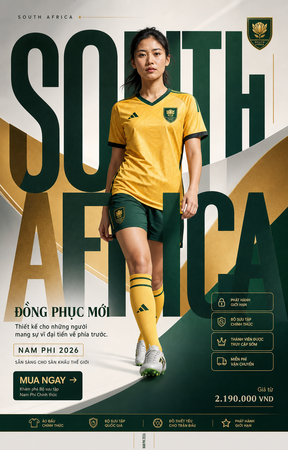 Áo đấu Nam Phi 2026 trong poster thời trang bóng đá