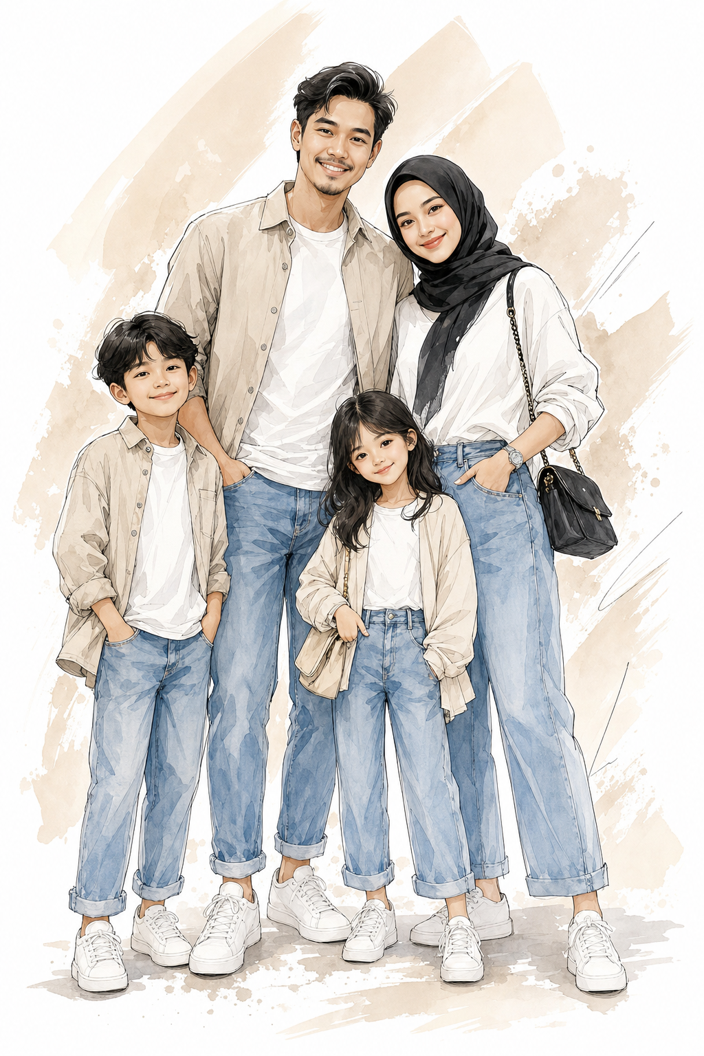 Gia đình Việt Nam phong cách watercolor tối giản