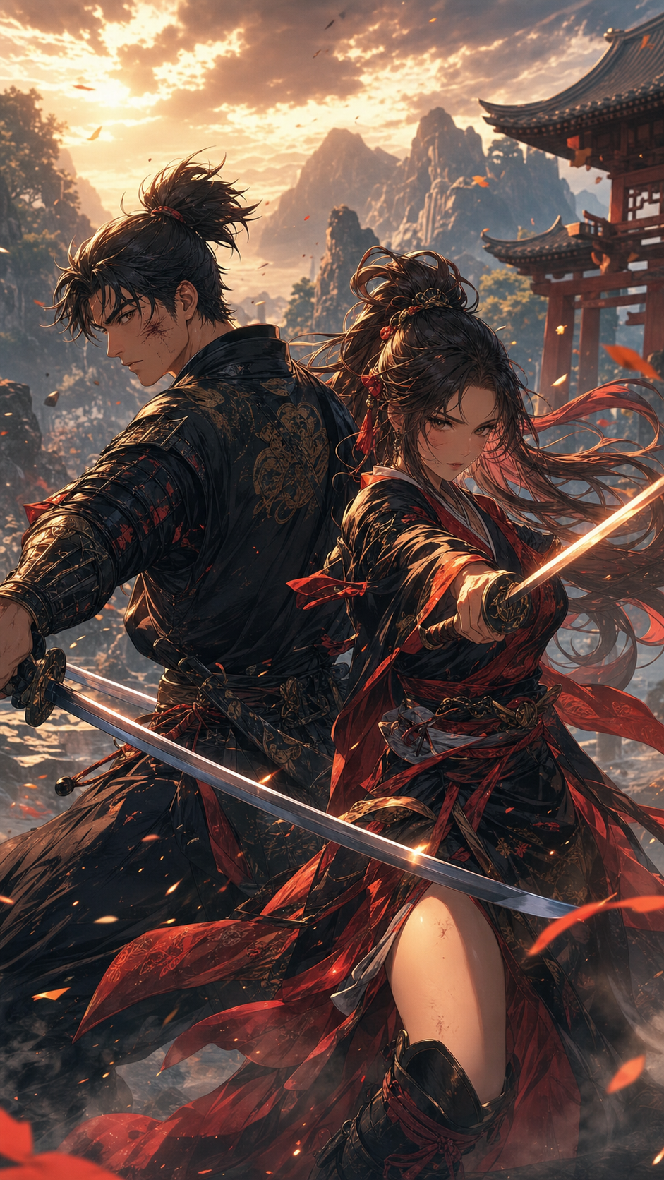 Cặp đôi kiếm sĩ anime giữa núi bình minh