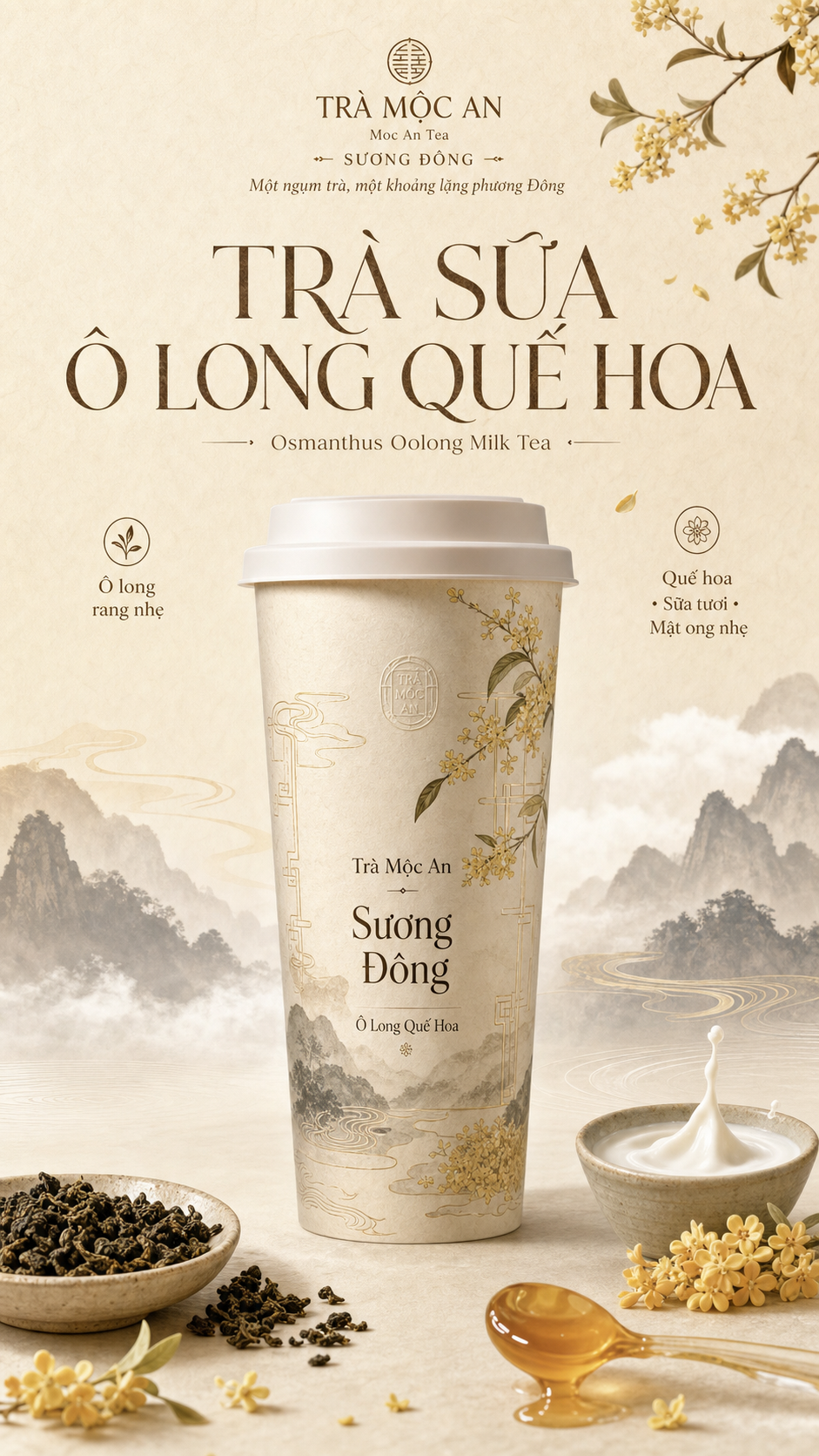 Poster trà sữa ô long quế hoa phong cách tân Trung Hoa