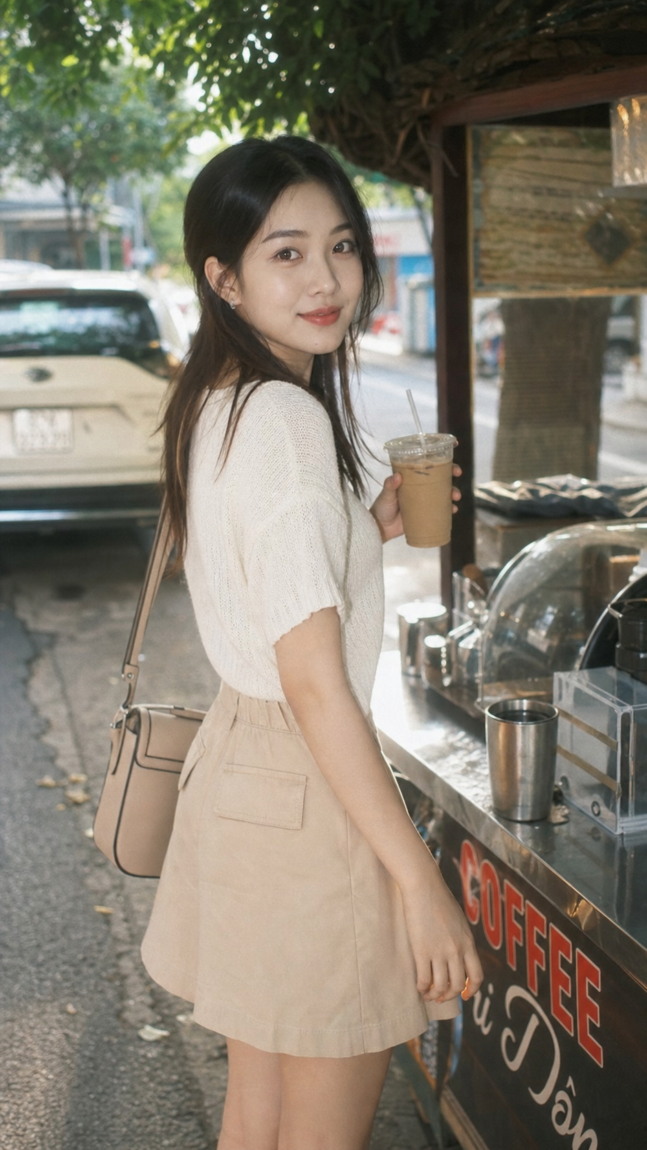 Cô gái bên xe cà phê ven đường
