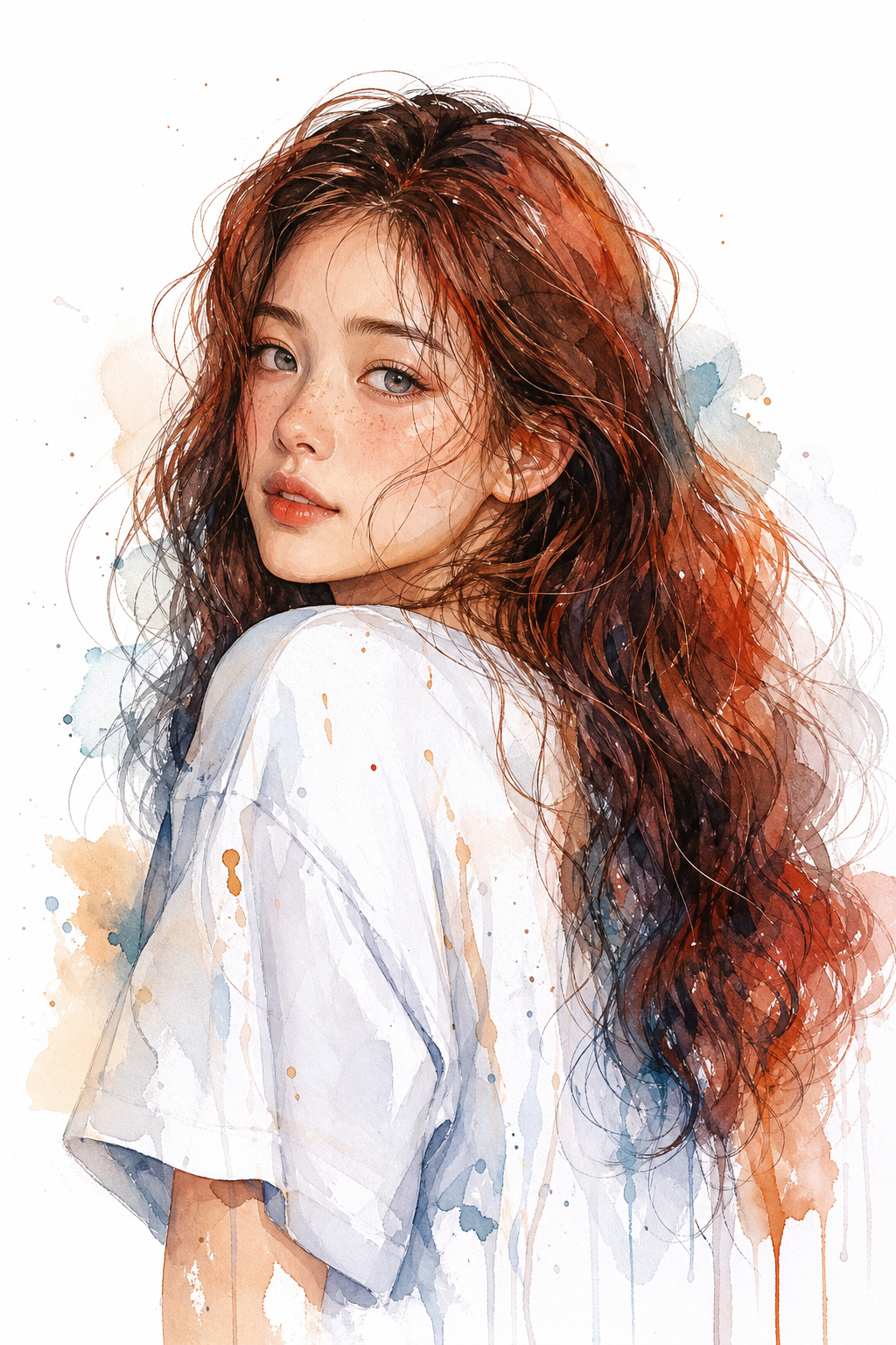 Chân dung màu nước cô gái tóc nâu đỏ dịu dàng
