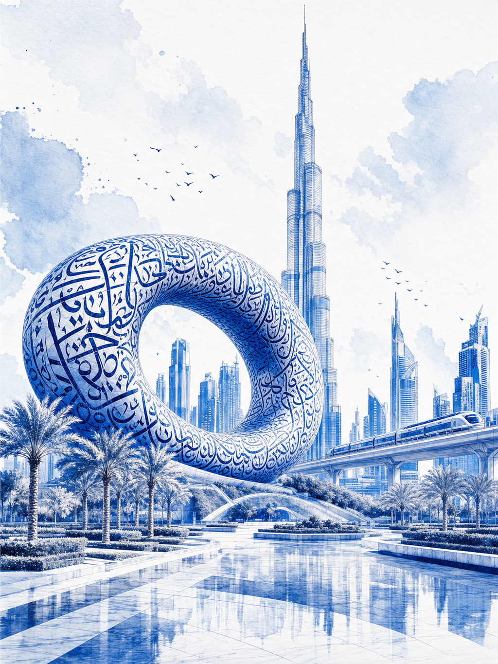 Dubai màu nước với Bảo tàng Tương lai xanh cobalt