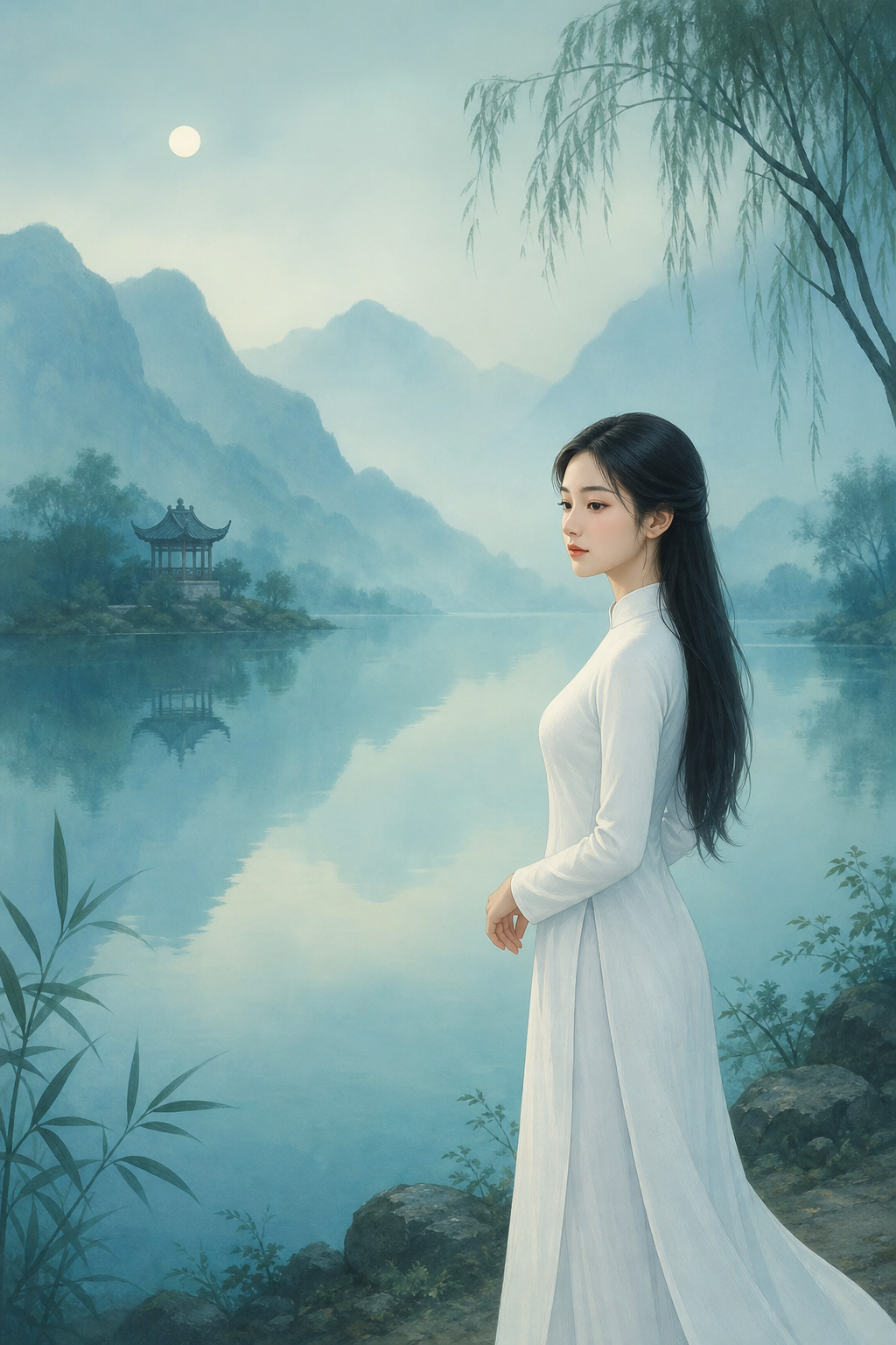 Cô gái áo dài trắng bên hồ núi phong cách Á Đông