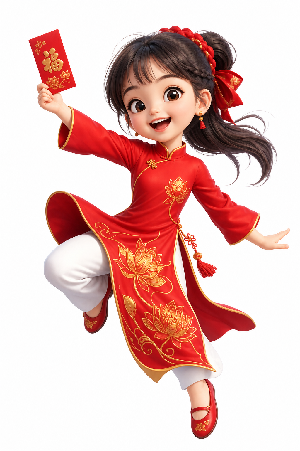 Bé gái mặc áo dài đỏ cầm bao lì xì 3D vui tươi