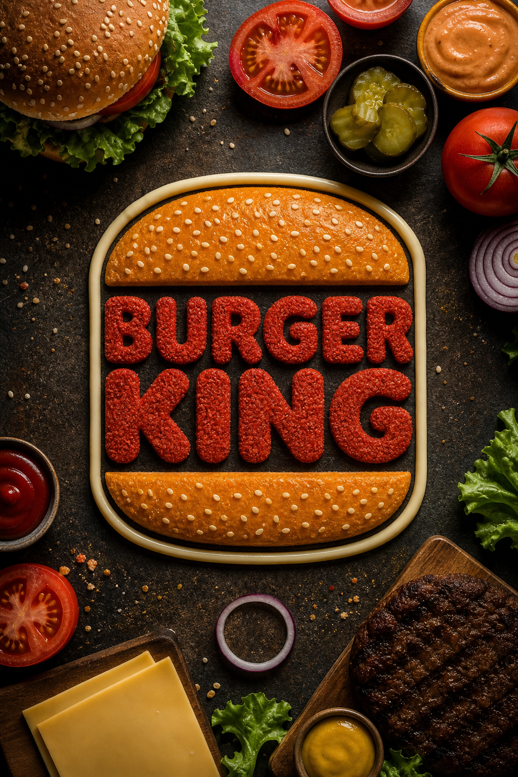 Logo Burger King bằng nguyên liệu burger flat-lay