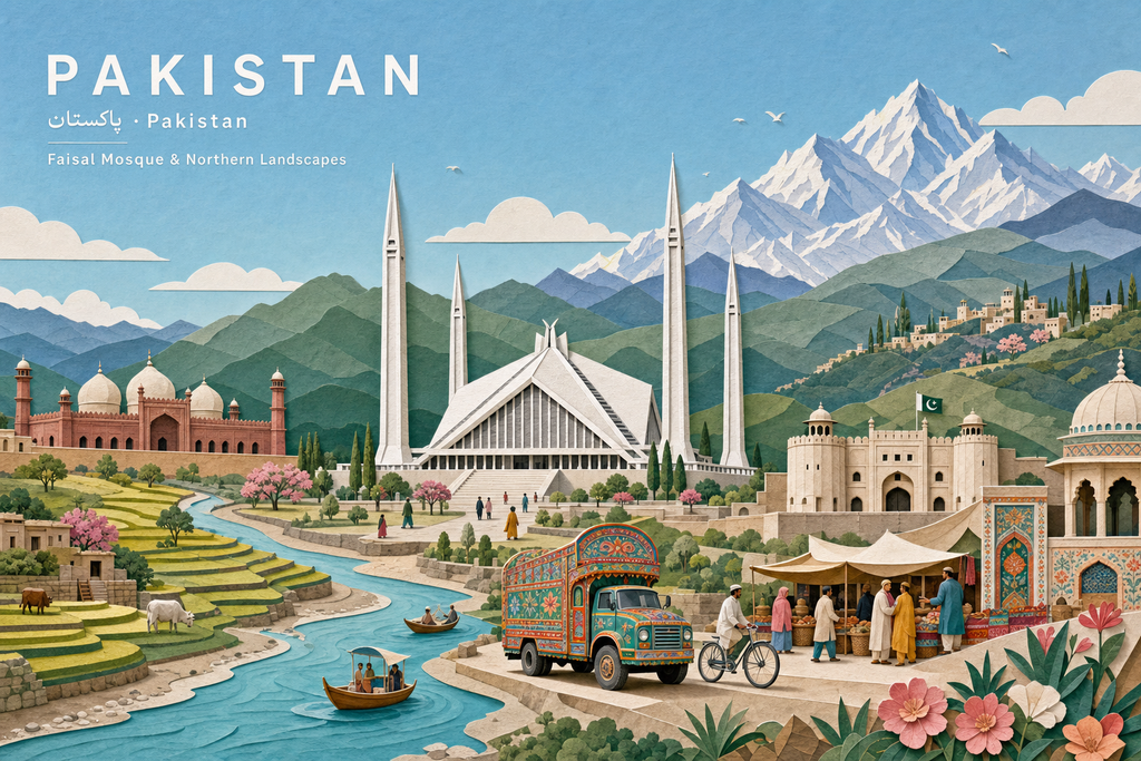 Thánh đường Faisal trong poster du lịch Pakistan pastel