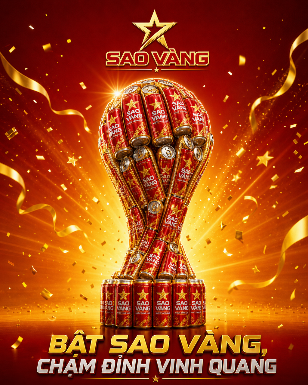 Nước tăng lực Sao Vàng xếp thành cúp chiến thắng