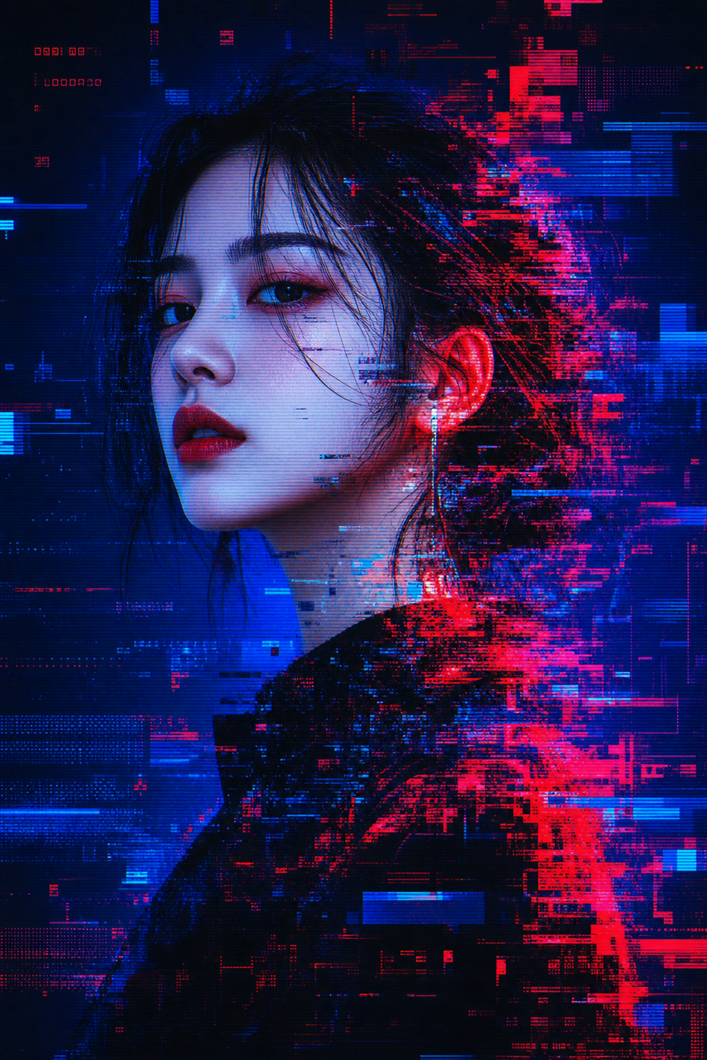 Chân dung glitch art cô gái trẻ ánh xanh đỏ neon