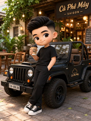 Chibi 3D bên Jeep mini ở quán cà phê Sài Gòn