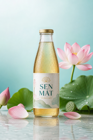 Trà sen lạnh Sen Mát trên bàn đá ướt tối giản