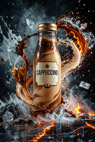 Chai cà phê cappuccino giữa xoáy sữa và lửa
