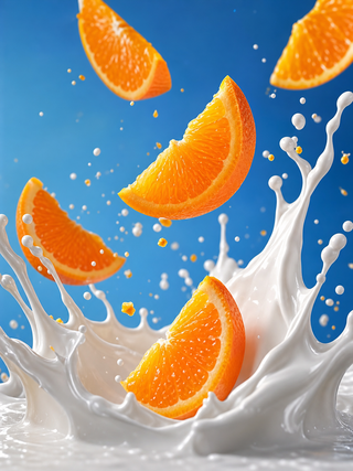 Cam cắt lát rơi giữa splash sữa nền xanh