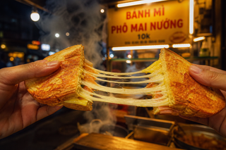 Bánh mì phô mai nướng kéo sợi tại quầy đêm