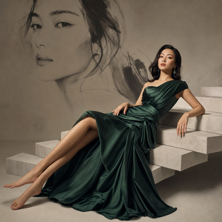 Chân dung thời trang váy satin xanh ngọc