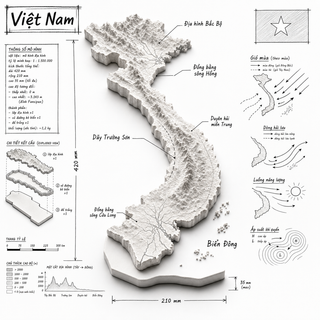 Bản đồ Việt Nam 3D kiểu infographic kỹ thuật