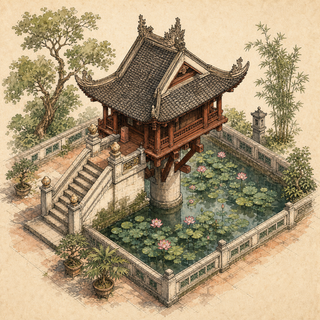 Chùa Một Cột phối cảnh isometric vẽ tay cổ kính