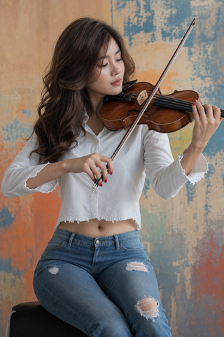 Nữ nghệ sĩ violin bên tường trừu tượng