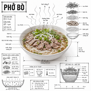 Phở bò infographic kỹ thuật trên nền trắng