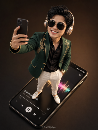 Nhân vật chibi 3D chụp selfie trên smartphone