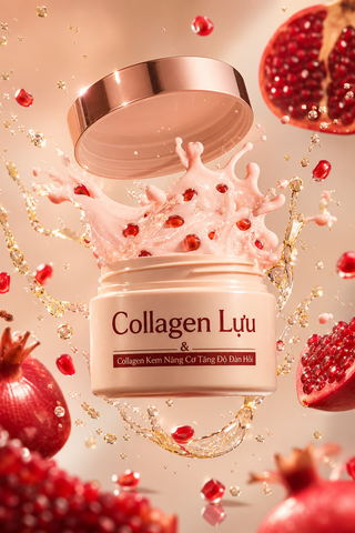 Kem collagen lựu bung nắp giữa hạt đỏ lấp lánh