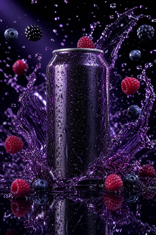 Lon soda tím với quả mọng lơ lửng