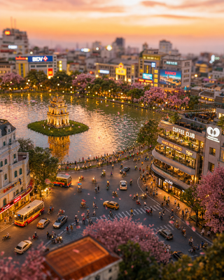 Diorama Tháp Rùa và Hàng Bài lúc hoàng hôn