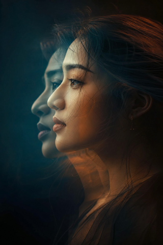 Chân dung double exposure ánh teal cam