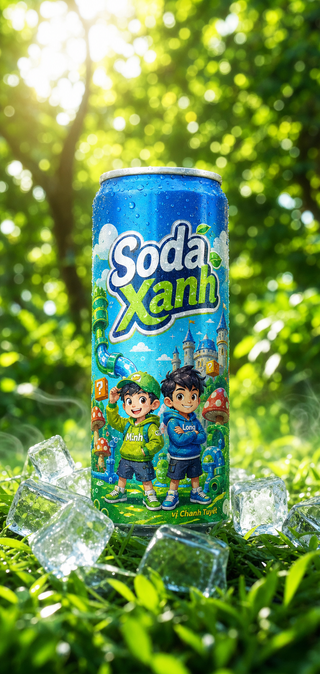 Lon Soda Xanh ướp lạnh trên thảm cỏ