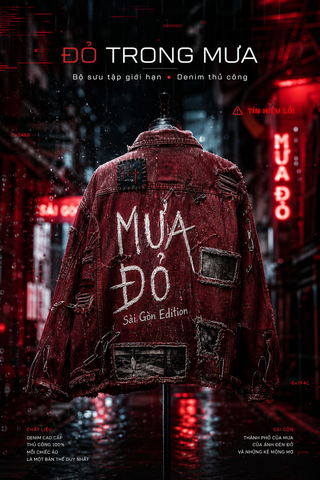 Áo khoác denim đỏ trong poster quảng cáo mưa đêm