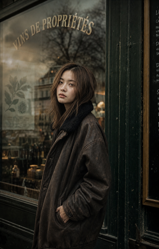 Chân dung editorial trước cửa hàng vintage Paris