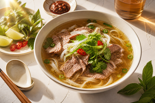 Phở bò Việt Nam dưới nắng vàng phong cách cao cấp