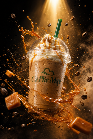 Đá xay caramel lơ lửng trong ảnh quảng cáo đồ uống