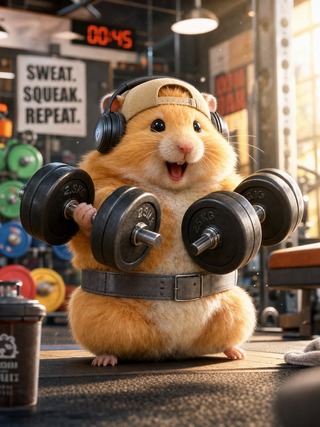 Hamster vàng tập tạ trong phòng gym