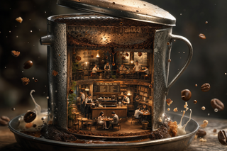 Quán cà phê trong phin dạng diorama 3D điện ảnh